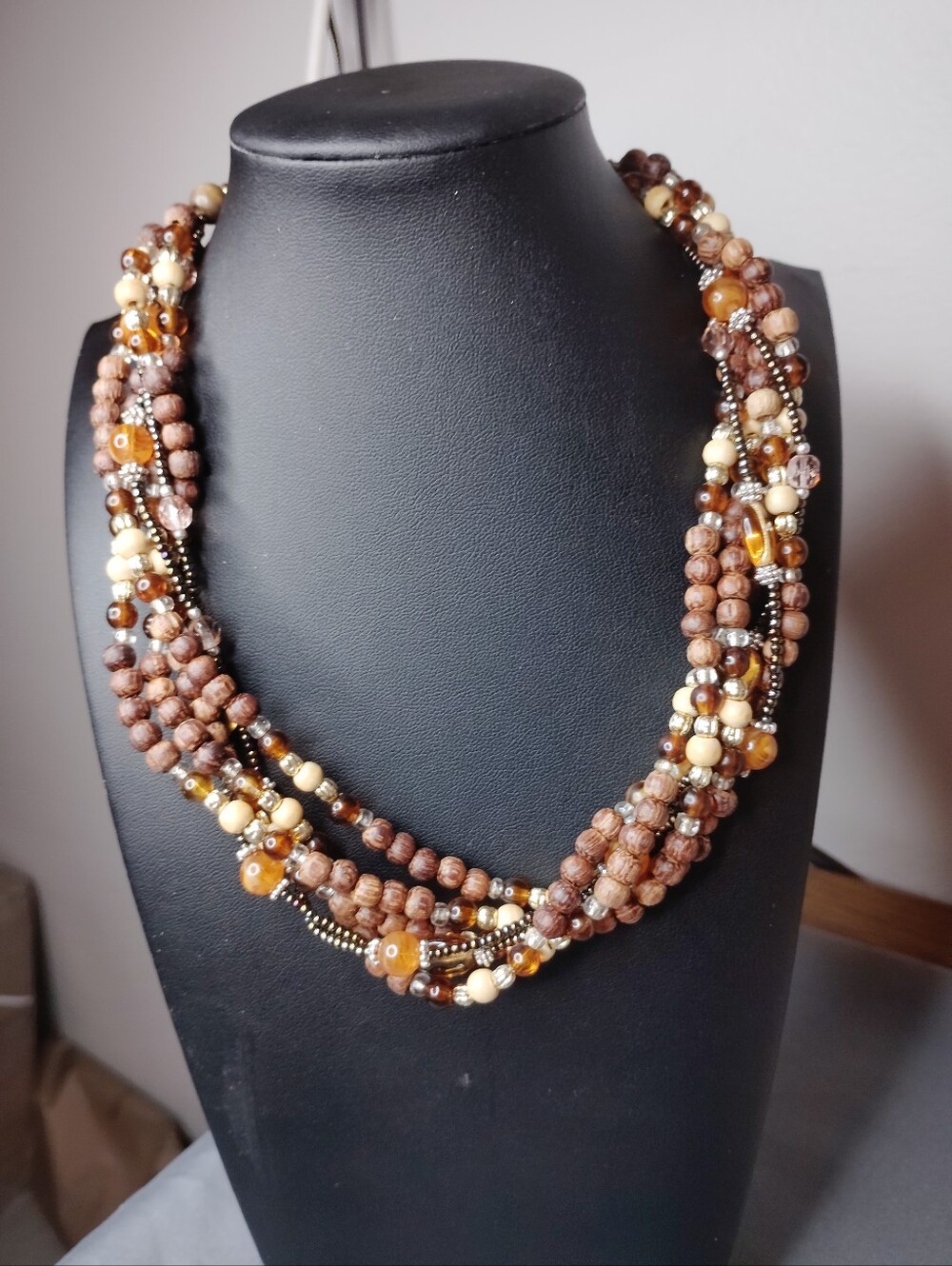 Napier Signed Multi Strand Wood & Amber Tone Beaded Statement Necklace